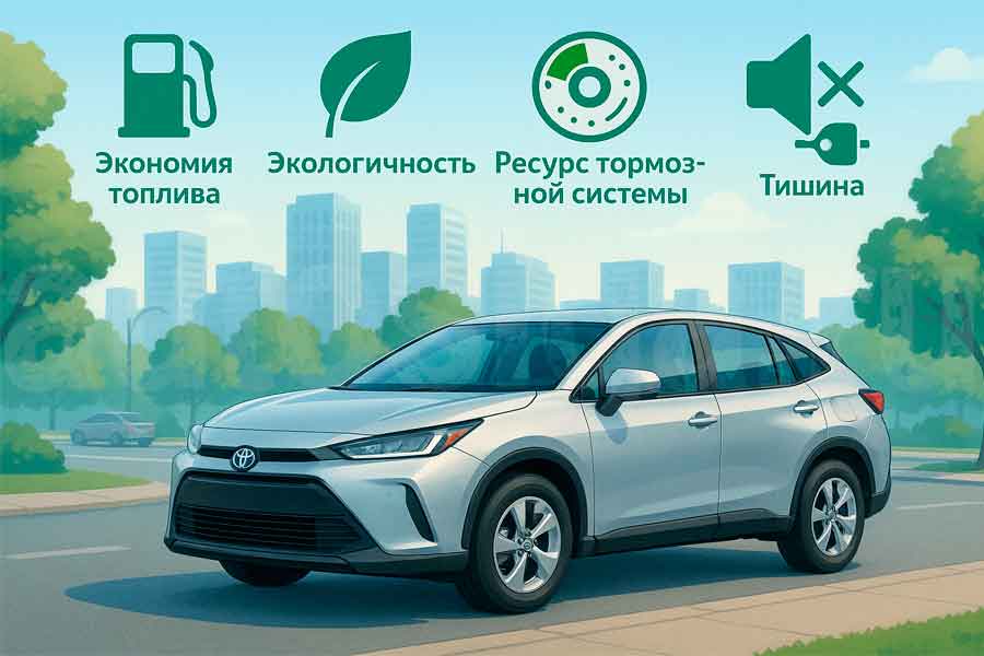 Преимущества гибридного авто: экономия топлива, экология, ресурс тормозов и тихая работа Современный гибридный автомобиль в городе с инфографикой: экономия топлива, меньше выбросов, увеличенный срок службы тормозов и бесшумная езда