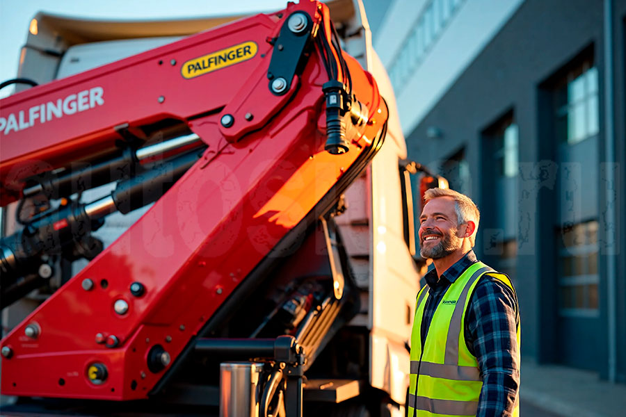 Водитель грузовика у крана-манипулятора PALFINGER после завершения работы