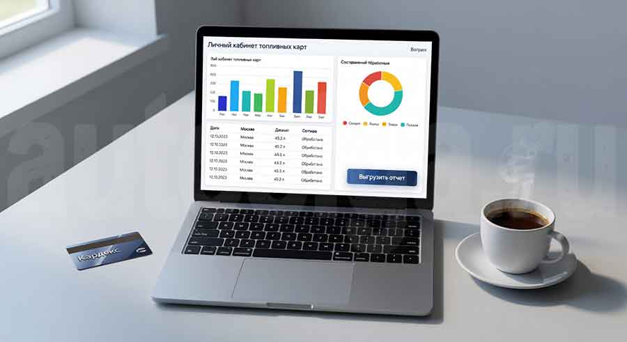 Интерфейс личного кабинета топливных карт Кардекс с графиками, отчетами и управлением лимитами