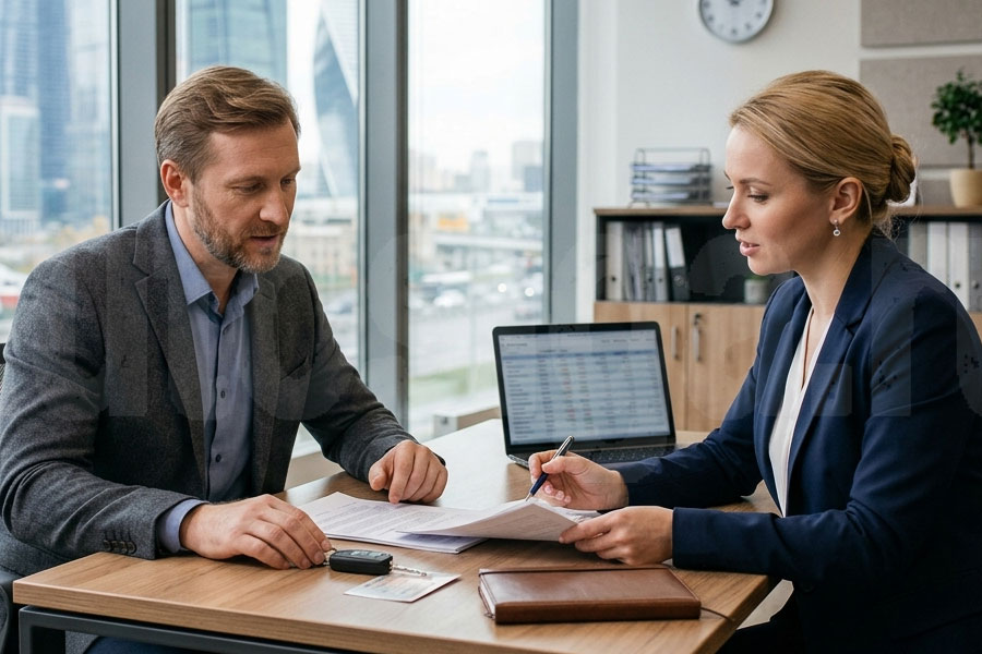 Мужчина и женщина в офисе обсуждают документы для оформления займа под залог автомобиля по доверенности