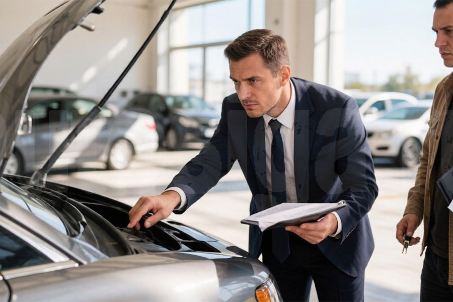 Специалист автоломбарда осматривает автомобиль и сверяет VIN-номер при оформлении займа под залог авто по доверенности