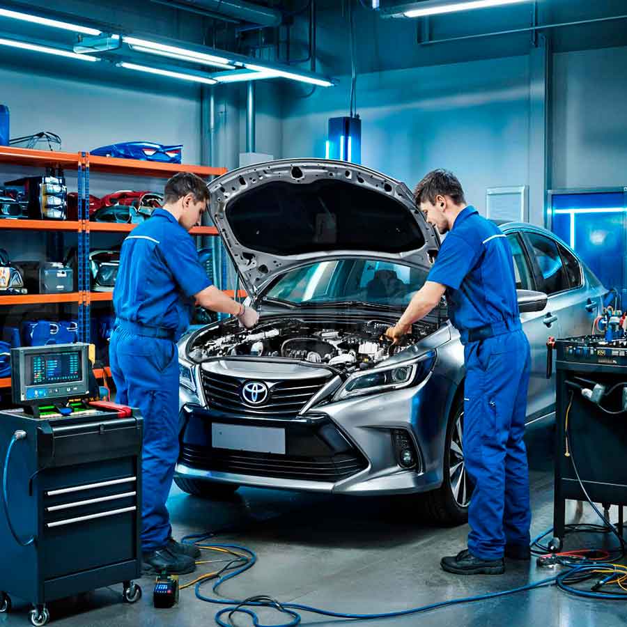 Современный ремонт двигателя Toyota: диагностика, дефектовка и сборка с калибровкой в 2025 году Два автомеханика проводят ремонт двигателя Toyota с компьютерной диагностикой и точной сборкой