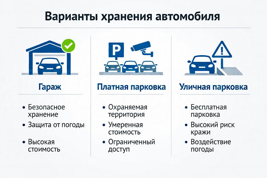 Плюсы и минусы разных способов хранения автомобиля Инфографика сравнения гаража, охраняемой стоянки и уличной парковки