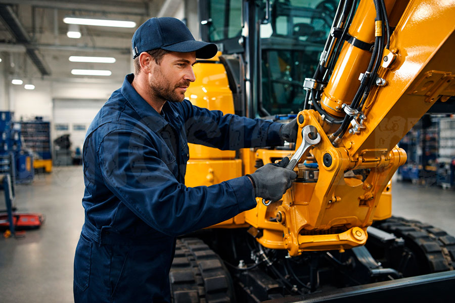 Механик проводит профессиональное обслуживание экскаватора в сервисном центре, все расходы берет на себя арендодатель