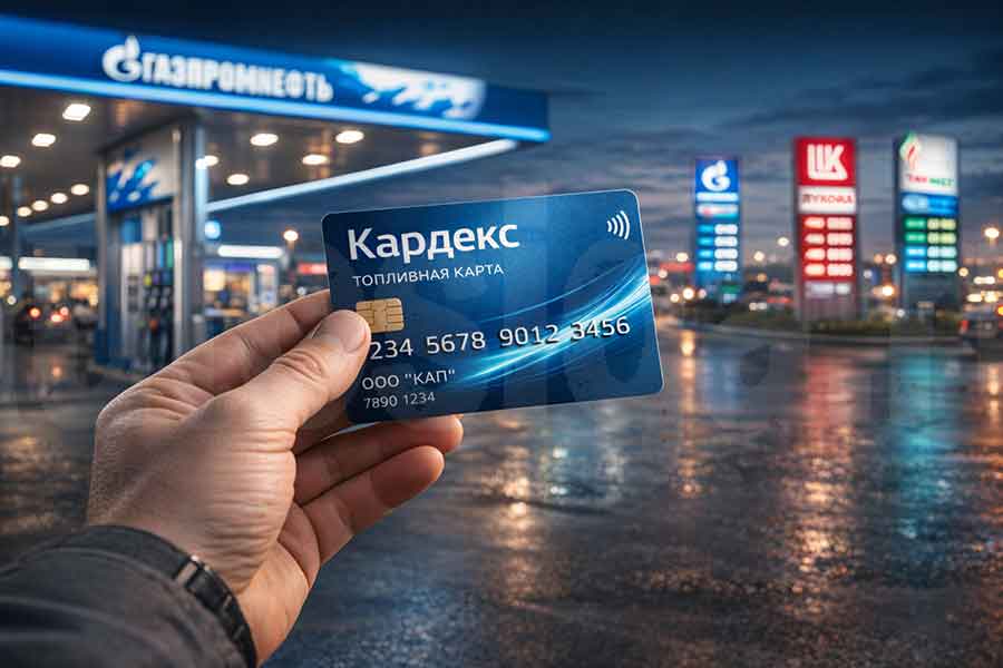 Топливная карта Кардекс в руке на фоне мультибрендовой АЗС Газпромнефть, Лукойл, Татнефть