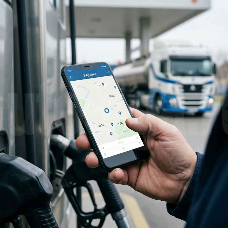 Водитель заправляет грузовик, используя топливную карту и мобильное приложение Кардекс для поиска выгодной АЗС