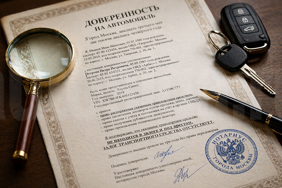 Нотариальная доверенность на автомобиль с правом распоряжения и передачи в залог, лупа и ключи