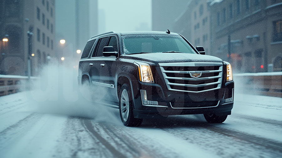 Cadillac Escalade на зимней дороге со снегом и реагентами