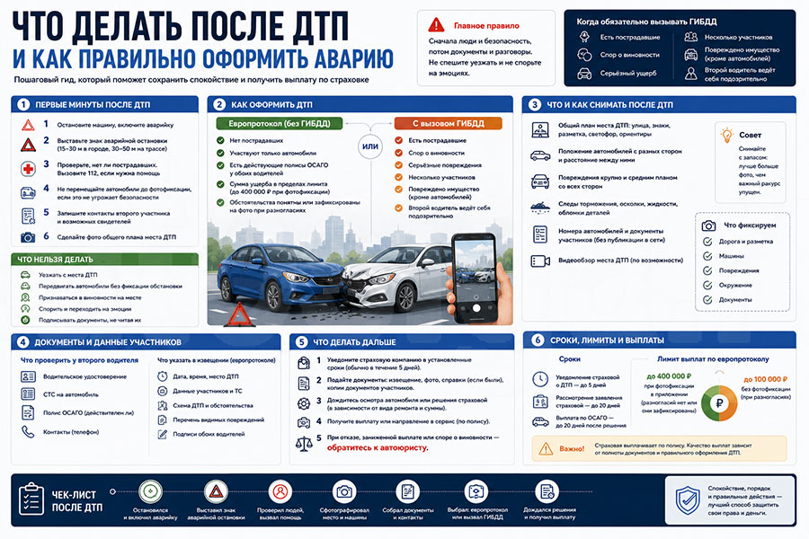 Инфографика о том, что делать после ДТП: первые действия, европротокол, ГИБДД, фото, документы и страховая