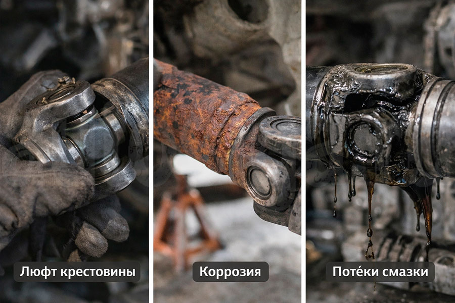 Примеры распространённых поломок карданной передачи Типичные неисправности карданного вала: износ крестовины, коррозия, повреждение шлицов