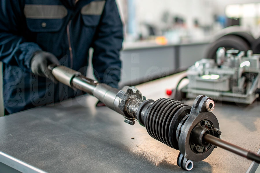 Рулевая рейка автомобиля в автосервисе крупным планом