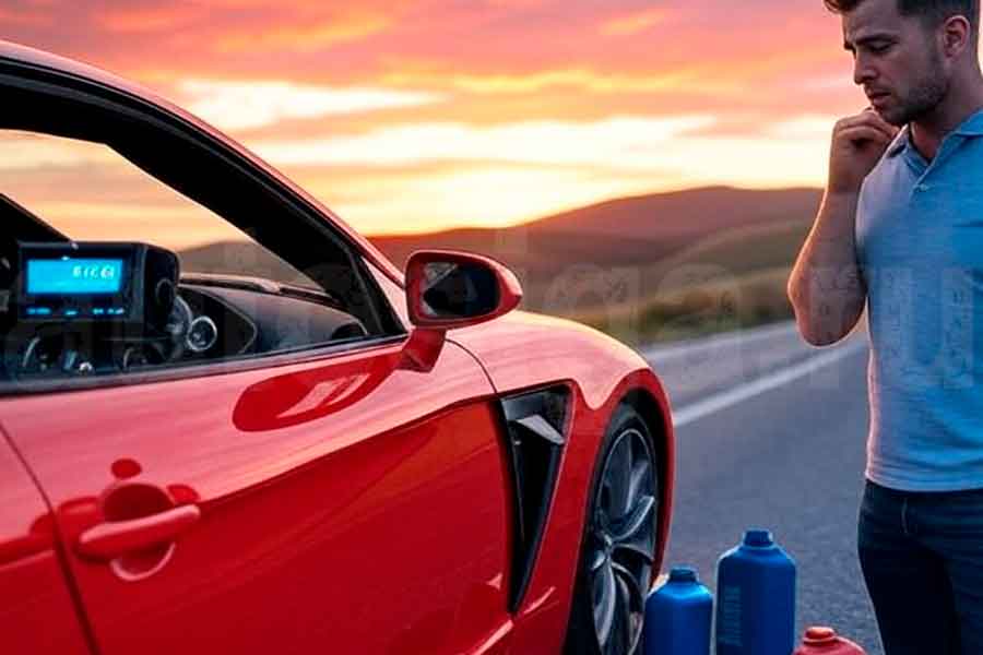 Водитель стоит у машины с открытым капотом, рядом канистры разных моторных масел – ситуация вынужденного смешивания