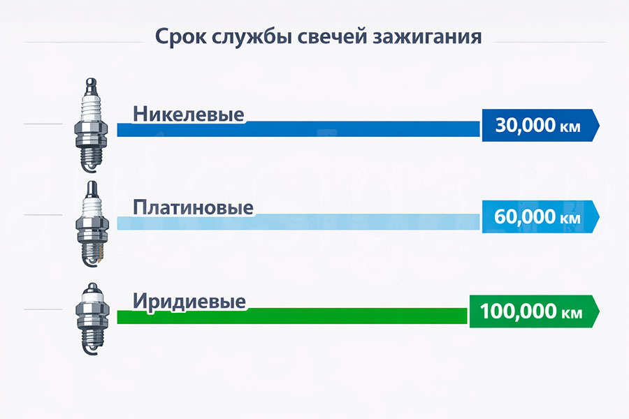 Как часто менять свечи зажигания: рекомендации по пробегу Инфографика срока службы никелевых, платиновых и иридиевых свечей зажигания