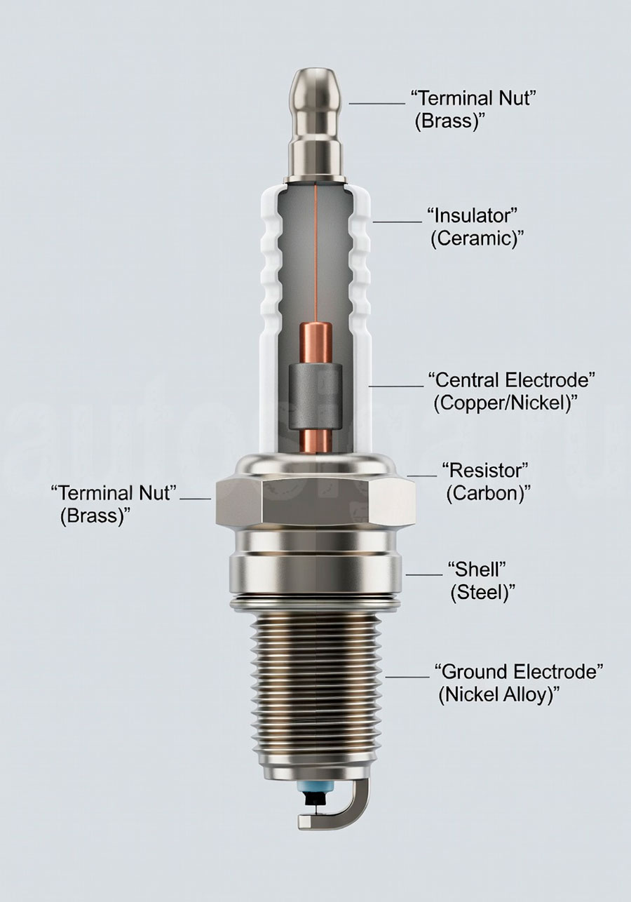 Внутреннее строение свечи зажигания: электроды, изолятор, корпус Схема устройства свечи зажигания в поперечном разрезе с подписями основных компонентов