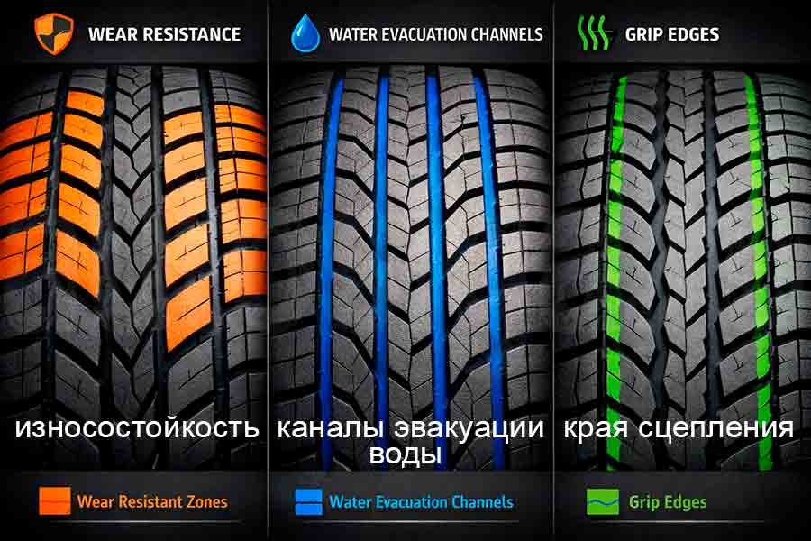 Фото протектора шины с выделенными функциональными зонами Основные элементы протектора автомобильной шины крупным планом
