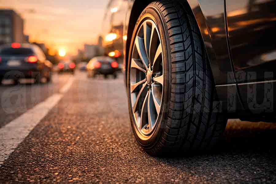 Качественные автомобильные шины крупным планом Новые автомобильные шины крупным планом на городской дороге