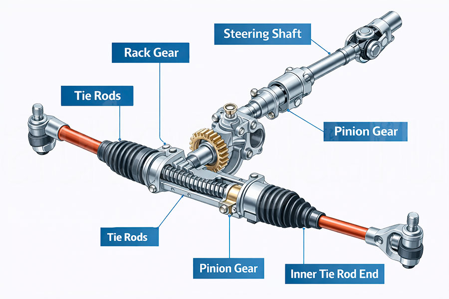 Устройство рулевой рейки автомобиля, схема