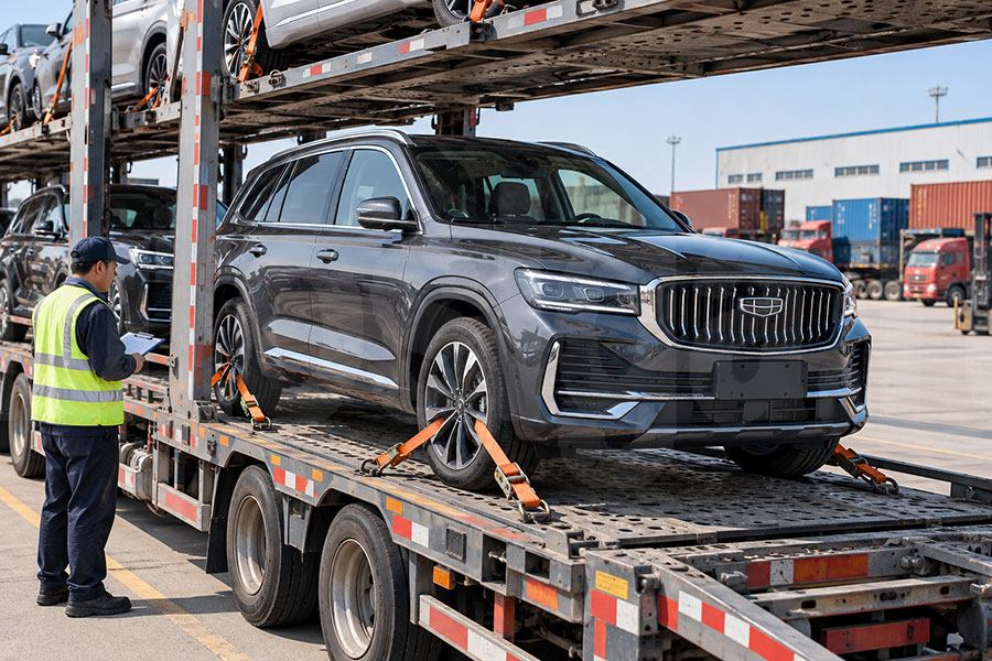 Geely Monjaro закреплён на автовозе перед доставкой из Китая в Беларусь