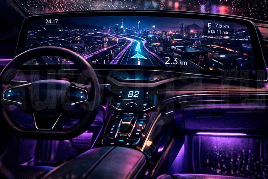 Тренды авто 2024-2026: диджитализация салона и сенсорное управление Современный интерьер нового автомобиля с огромными экранами и футуристической подсветкой