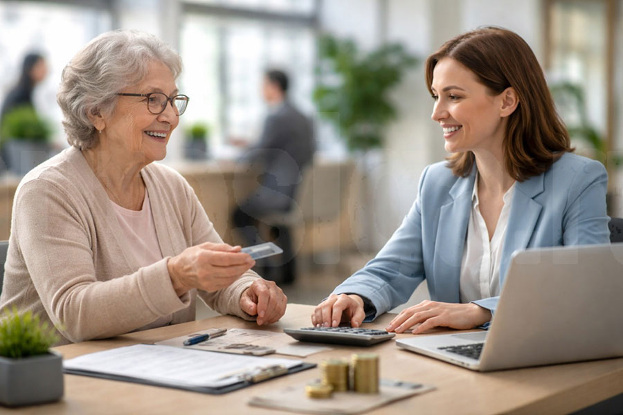 Пожилая женщина с кредитной картой консультируется с молодым специалистом банка по выбору безопасного вклада
