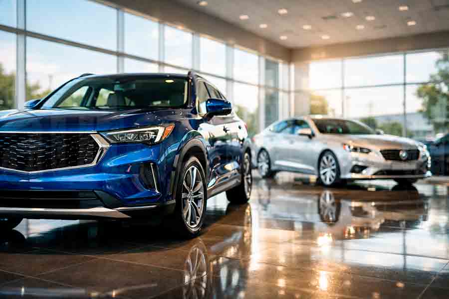 Атмосфера покупки нового авто: салон, свет, блеск свежей краски Новые автомобили 2024-2026 годов в современном автосалоне – премиум седан и внедорожник