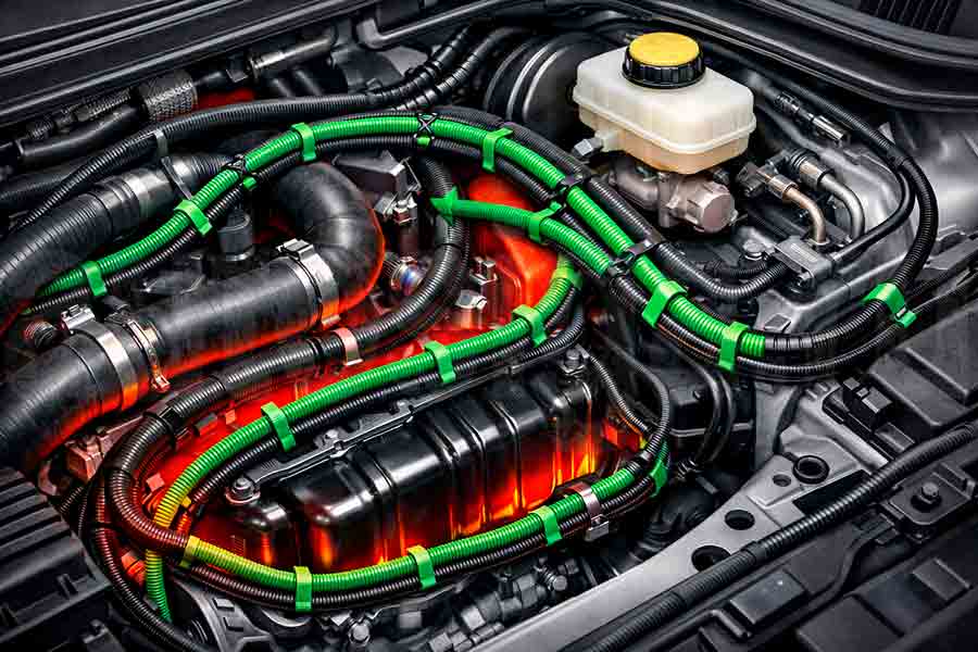 Правильная прокладка проводки в моторном отсеке с учётом рабочих жидкостей Схематичное изображение прокладки проводки рядом с рабочими жидкостями в моторном отсеке автомобиля