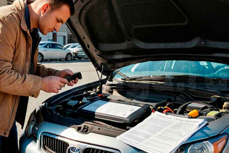 Осмотр двигателя и подкапотного пространства автомобиля: что проверить перед покупкой Человек осматривает двигатель автомобиля под открытым капотом перед покупкой