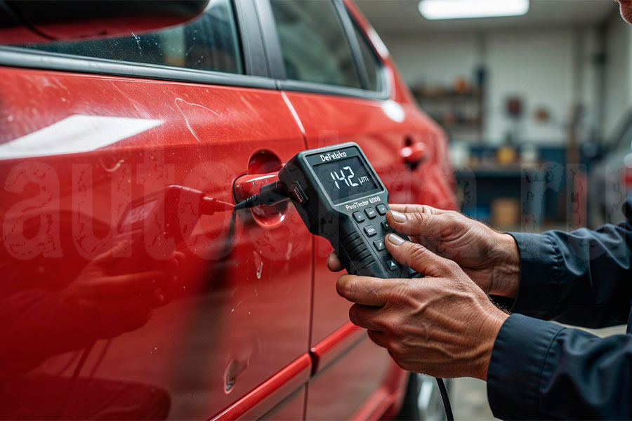 Специалист использует толщиномер для проверки лако-красочного покрытия и выявления скрытых повреждений кузова