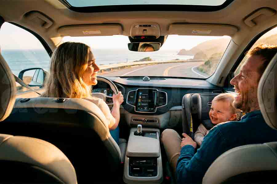 Счастливая семья в новом автомобиле путешествует по живописной дороге на закате