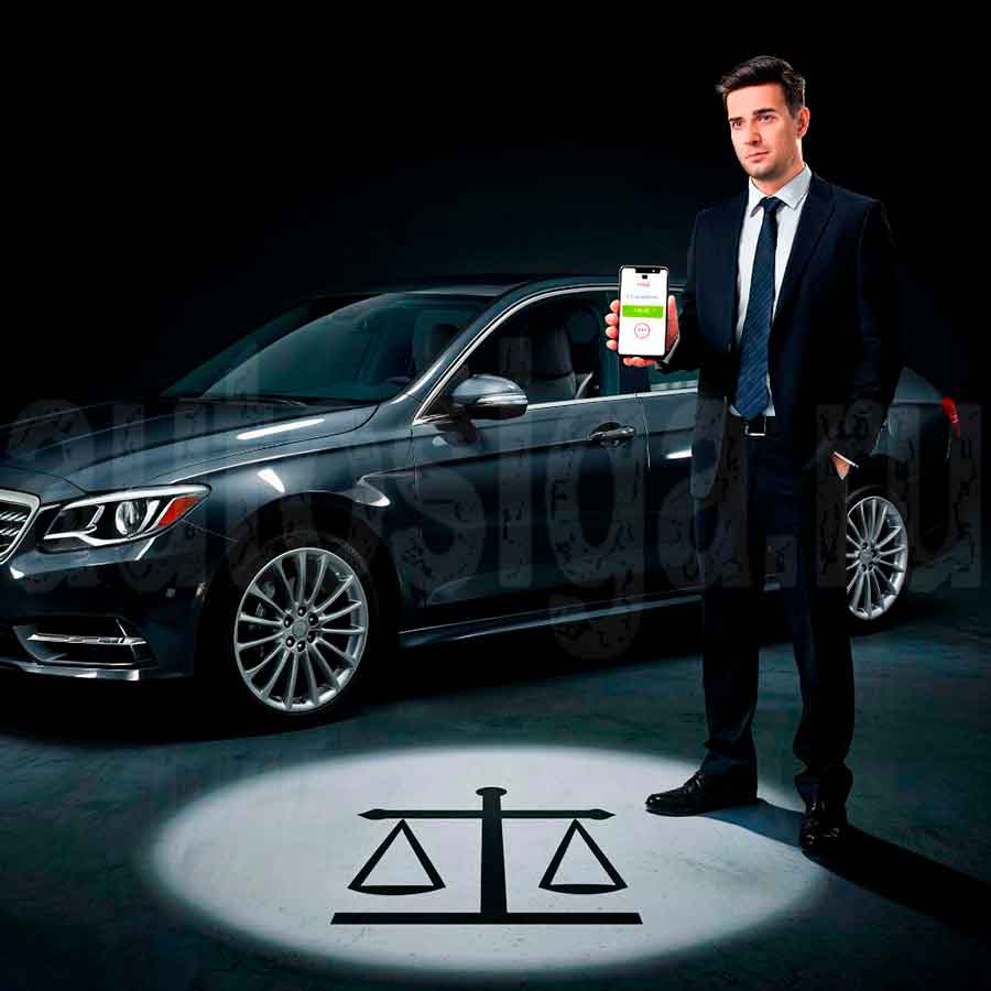 Проверка авто на залог: возможные риски и последствия для покупателя Покупатель проверяет авто на залог через смартфон, на фоне машина и весы правосудия