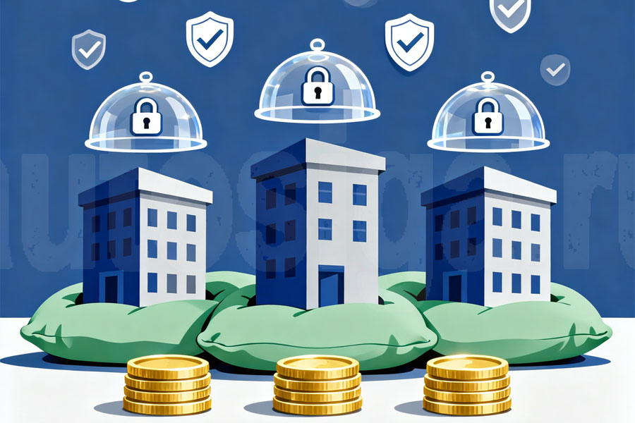 Иллюстрация страхования вкладов: три банка под защитными куполами и стопки монет, распределённые для безопасности