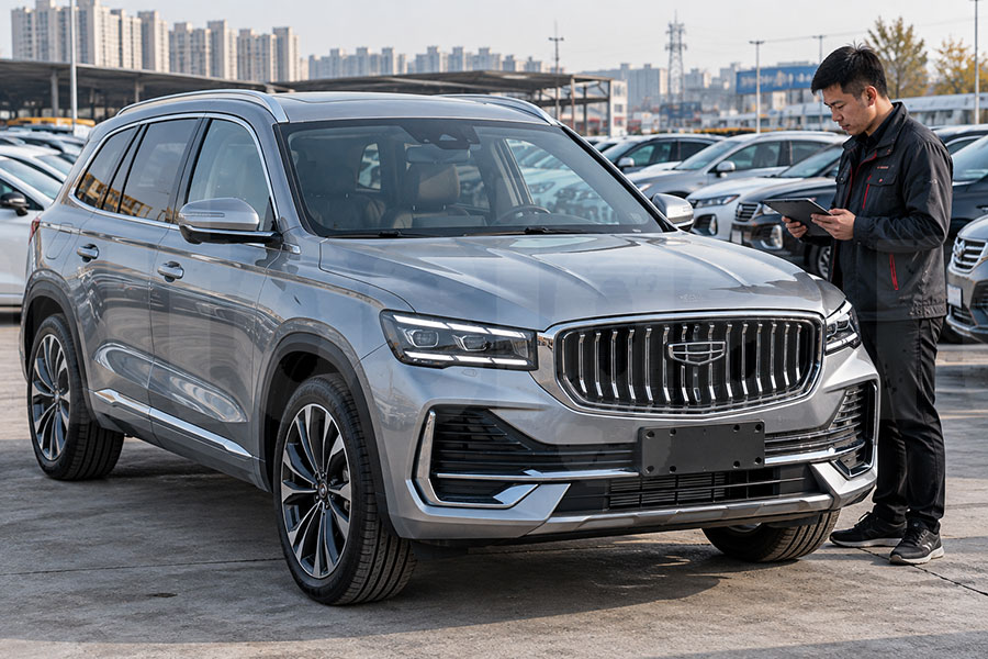 Geely Monjaro на автомобильной площадке в Китае перед отправкой в Беларусь