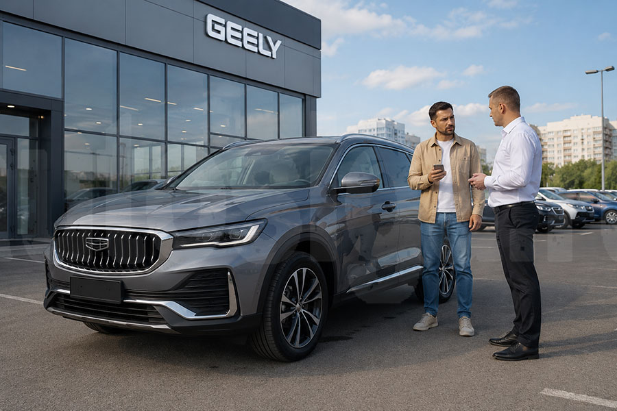 Покупка нового Geely в Тюмени Новый Geely в дилерском центре перед покупкой в Тюмени