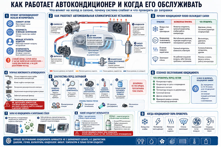 Инфографика о том, как работает автокондиционер в автомобиле, почему он плохо охлаждает, как проходит диагностика и когда нужно обслуживание