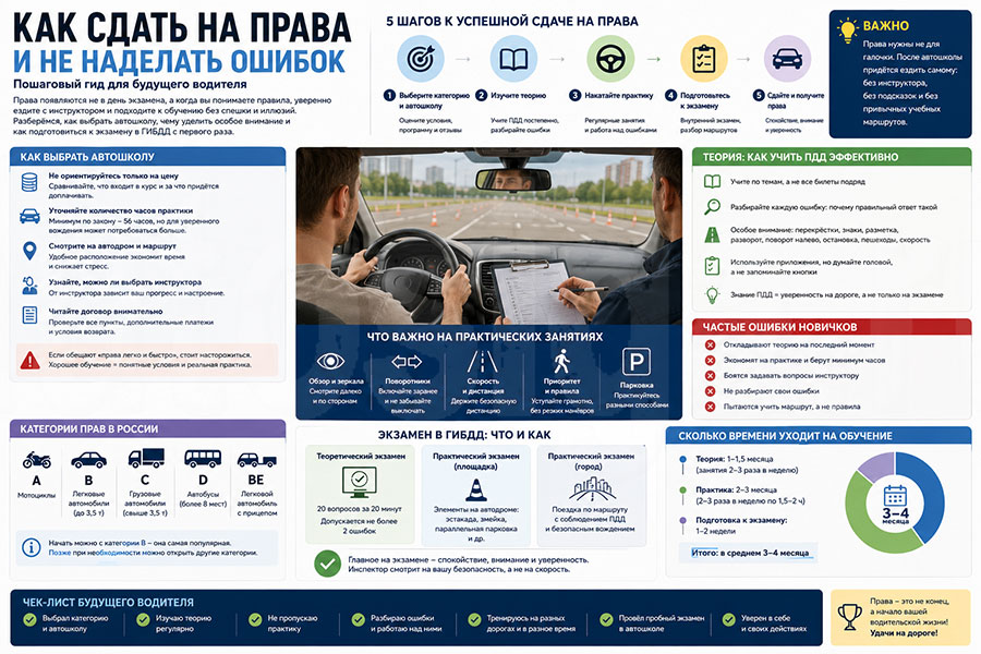 Инфографика о том, как сдать на права: выбор автошколы, теория, практика, экзамен в ГИБДД и первые поездки