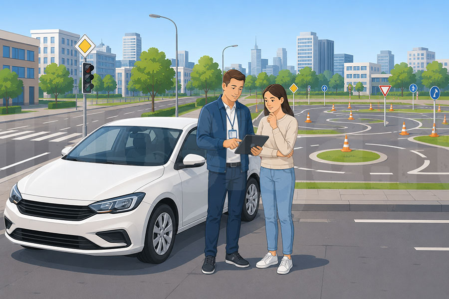 Как выбрать автошколу для обучения вождению Учебный автомобиль автошколы и начинающий водитель на занятии