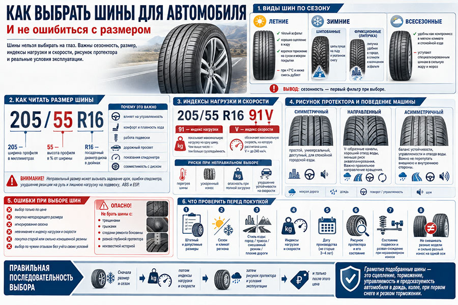 Инфографика о том, как выбрать шины для автомобиля по сезону, размеру, индексам нагрузки и скорости, рисунку протектора и условиям эксплуатации
