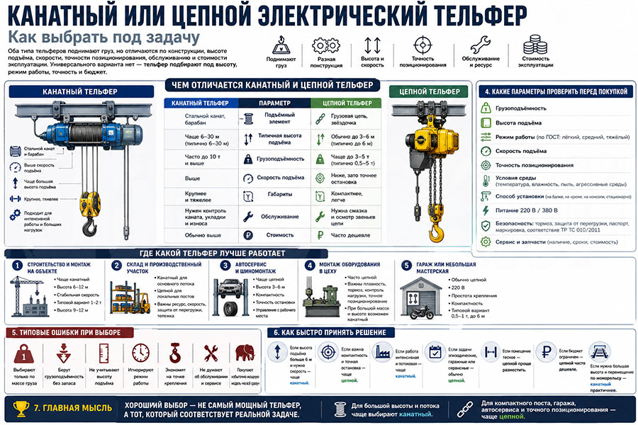 Инфографика о выборе канатного или цепного электрического тельфера по высоте подъёма, скорости, точности, применению и стоимости эксплуатации