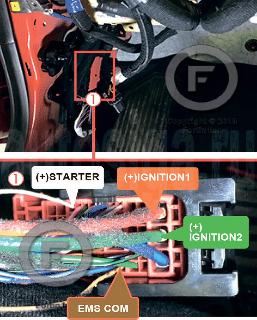 Kia Soul 2019-2023 силовые в левой кик-панели Киа Соул 2019-2023 Подключение к силовым цепям в разъёме за левой кик-панелью