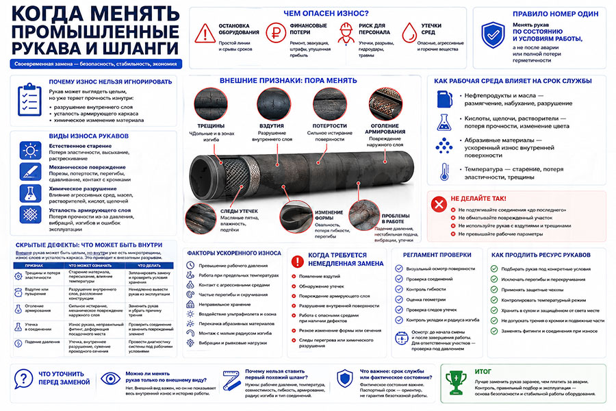 Инфографика о том, когда менять промышленные рукава и шланги по признакам износа, утечкам, вздутиям, повреждению армирования и условиям работы