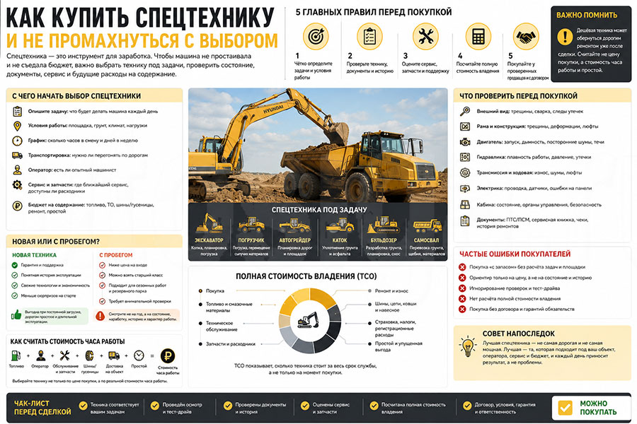 Инфографика с чек-листом, как купить спецтехнику и проверить состояние, документы, сервис и будущие