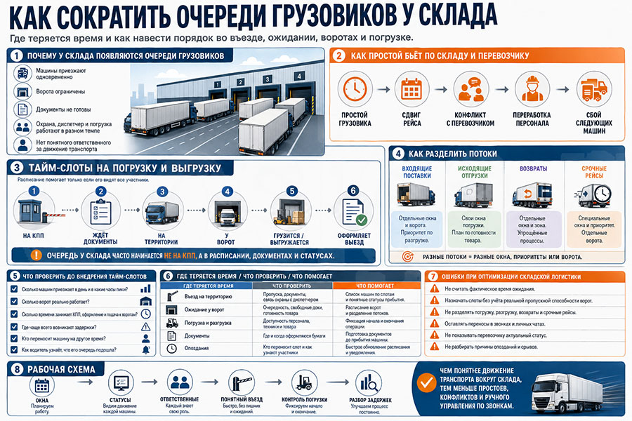 Инфографика о том, как сократить очереди грузовиков у склада с помощью тайм-слотов, статусов, контроля въезда и распределения ворот