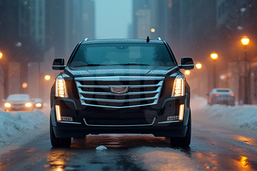 Cadillac зимой на заснеженной городской дороге
