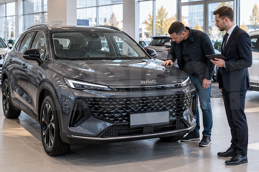 Покупатель осматривает новый автомобиль BAIC X55 в автосалоне