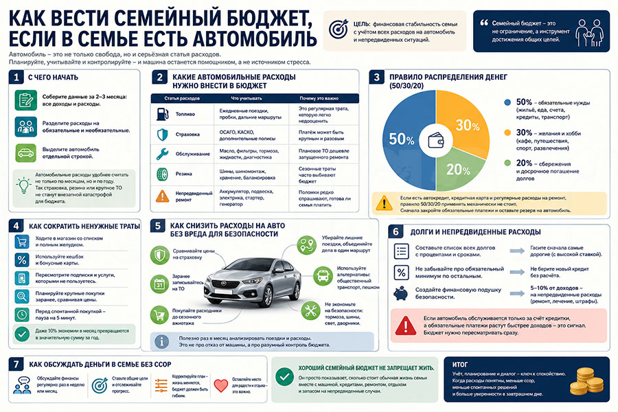 Инфографика о семейном бюджете автомобилиста с расходами на топливо, страховку, обслуживание, кредиты и финансовую подушку