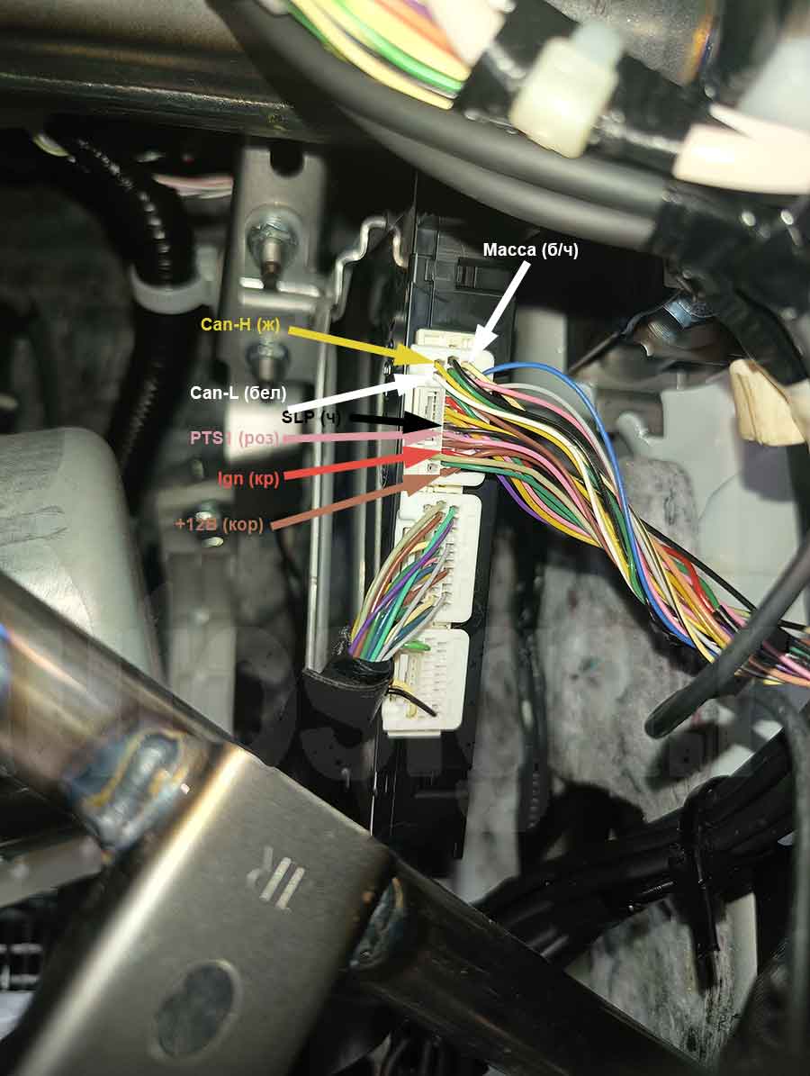 Точки подключения в верхнем разъёме блока keyless Toyota Corolla 2022 Toyota Corolla 2022 – верхний разъём блока keyless с точками подключения питания, массы, CAN, зажигания, SLP и PTS1