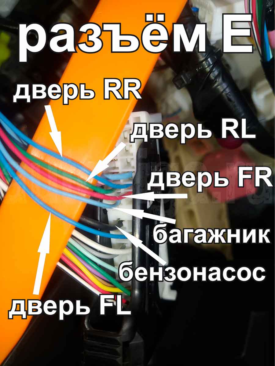 Подключение дверей, бензонасоса и багажника в разъёме E блока предохранителей Toyota Ist Toyota Ist XP110 2007–2016: двери, багажник и бензонасос в разъёме E блока предохранителей