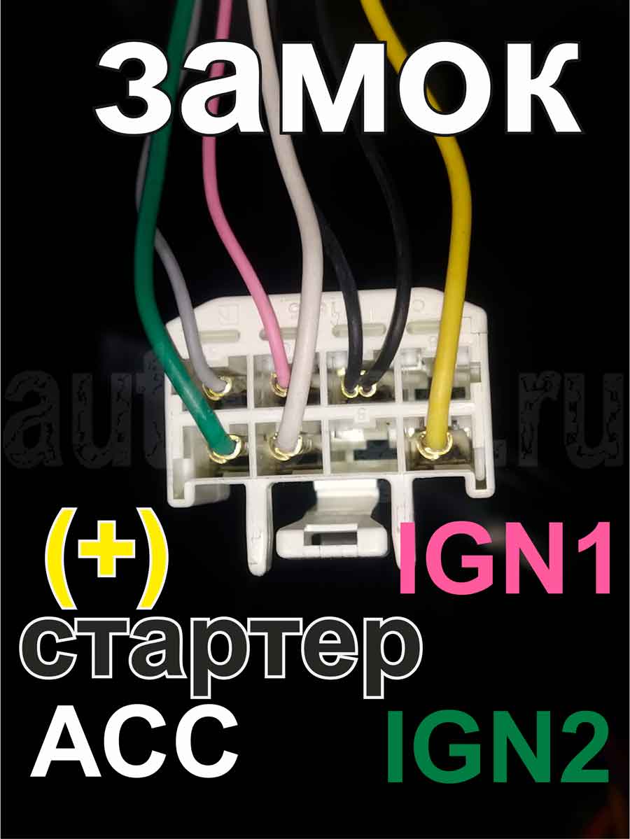 Подключение зажигания 1, 2, acc, питания, стартера на замке зажигания Toyota Ist 2007-2016 Toyota Ist 2007-2016: зажигание 1 и 2, асс, стартер, +12 в разъёме замка зажигания